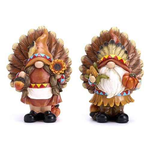 Medium Fall Gnome Decorations for Home Thanksgiving Decor Set - Indian & Turkey Figurines