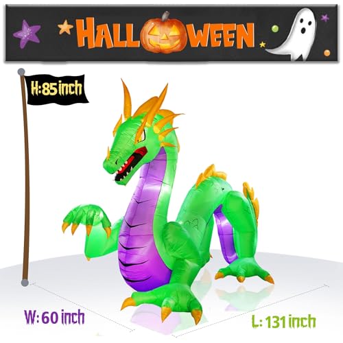 Giant Green Halloween Inflatable Dragon - 11ft Outdoor Yard Decorations with LED Lights