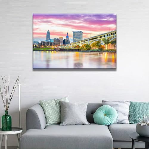 Cleveland Skyline Wall Art - Downtown Sunset Canvas Panel 36x24 Inches - Ready to Hang