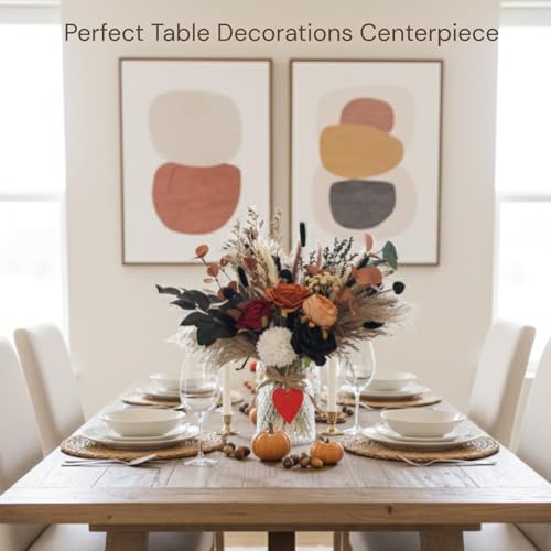 Fall Dried & Artificial Floral Centerpiece in Vase – Orange Bouquet for Thanksgiving & Xmas Decor