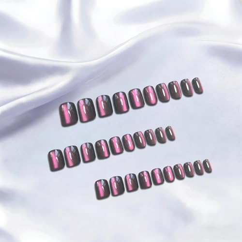 Cat Eye Short Press-On Nails with Glitter Finish - Black Pink Square Variation