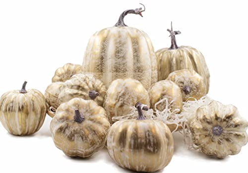 Gold Pumpkins Set of 12 with White Brush - Fall Thanksgiving Decor for Home & Outdoor