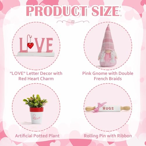 Pink Valentine's Day Tiered Tray Decor Set - 8 Pieces, Farmhouse Style, Includes Gnome & Heart Accents - Pink Valentine