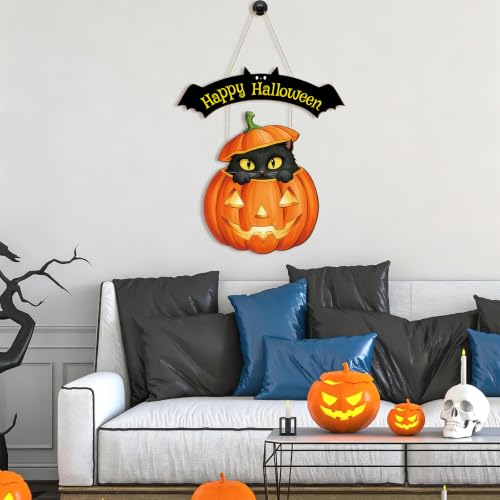 Large Orange Wooden Halloween Door Wreath - Front Door Wall Decor Sign