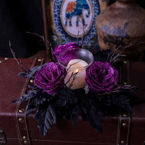Halloween Candle Ring Wreath Artificial Purple Flowers Black Maple Leaves 9.84"