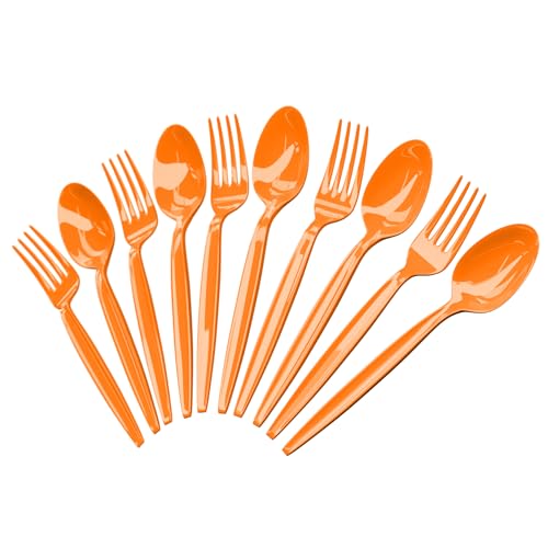 Orange Plastic Spoon and Fork Set - 50 Each, Disposable Party Cutlery