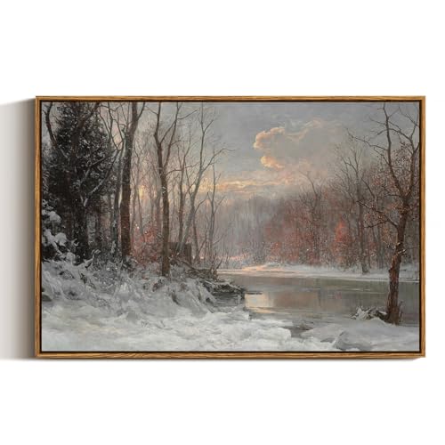 Vintage Framed Canvas Wall Art - Winter Stream Landscape, 30x20 Inch