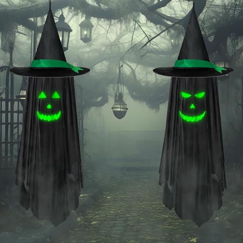 Halloween Hanging Ghost Decorations Outdoor with Glowing Face - Black Ghost, 2 Pack