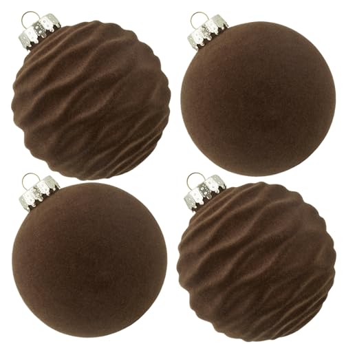 CristBest Large Velvet Christmas Ornaments - Brown 4-Inch Set of 4