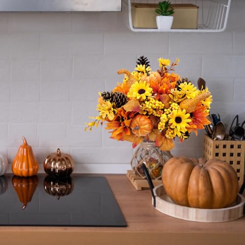 Artificial Fall Flowers Bouquet with Pumpkins and Pinecones - Silk Autumn Decor
