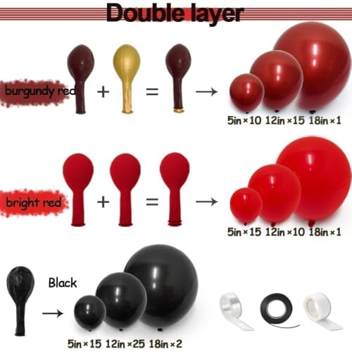 Red Black Balloon Garland Kit - Double Stuffed Burgundy & Black Balloons for Birthday Wedding Party Decor - Variation: Red Black
