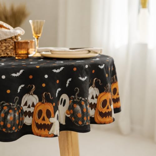 Halloween Round Tablecloth 60 Inch Water-Repellent Reusable Table Cover - Black