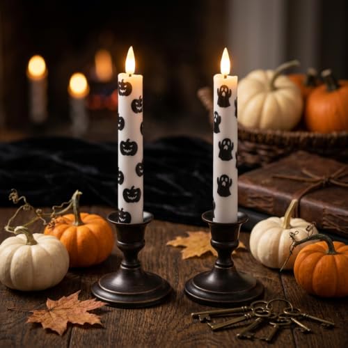 Halloween Ghost & Pumpkin Taper Candles Set with Remote Timer - Flameless, Flickering & Steady Light, 2PCS