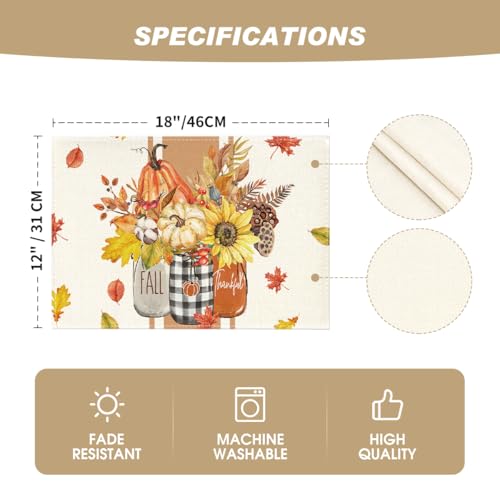 Artoid Mode Fall Thankful Placemats Set of 6 - 12 x 18 Inch Rectangular Beige & Orange