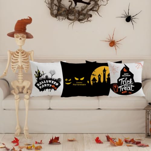 Halloween Pillow Covers 18x18 Set of 4 Double-Sided Decor - Black and Beige Variation