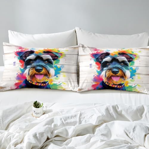 Fairy Tale Schnauzer Duvet Cover Set Twin Size Watercolor Dog Bedding with Pillowcase - White Pink