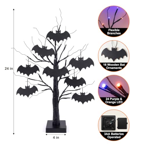 Indoor Halloween Black Tree Decorations Set - 24 Inch 2-Pack with LED Lights & Bat Ornaments