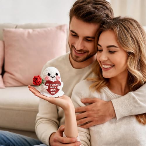 Crochet Ghost Halloween Decor with Rose - Handmade Indoor Holiday Accent