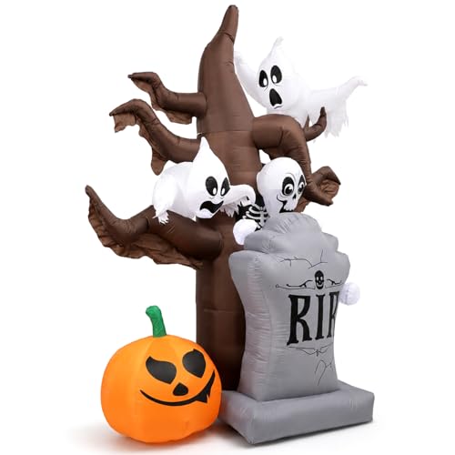 8FT Inflatable Halloween Scary Tree with LED Ghosts and Tombstone Yard Decor
