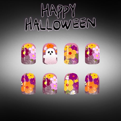Halloween Press On Nails Short Square Fake Nails - Cute Halloween Ghost Design - Variation of HalloweenDesigns4
