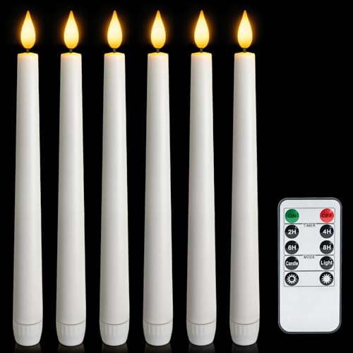 Flameless Taper Candles with Remote & Timer - 9.6 Inches, White - 6 pcs