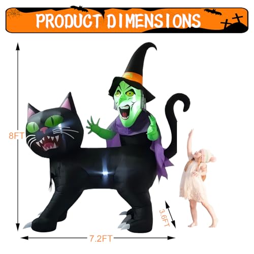8ft Halloween Inflatable Witch Riding Black Cat Yard Decor with LED Lights