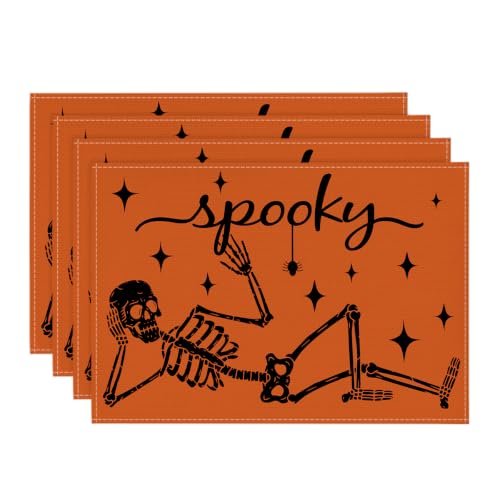 Orange Skeleton Halloween Placemats Set of 4 - 12 x 18 Inch Rectangular Table Decor