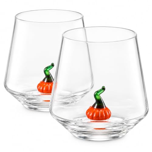 Pumpkin Wine Glasses Set - 2 Pack Halloween Fall Stemless Cups for Parties & Home