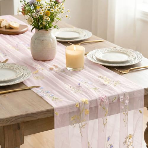 6PC Light Pink Floral Gauze Table Runner Set - 28x120 Inch for Spring Dining Decor