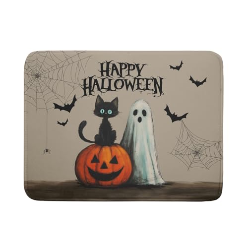 Halloween Black Cat Dish Drying Mat 18x24 Inch - Ghost Pumpkin Spiderweb Pattern