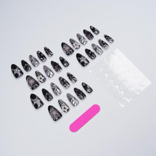 Black Y2K Almond Press On Nails - Style 26, Gothic Medium False Nails 30Pcs