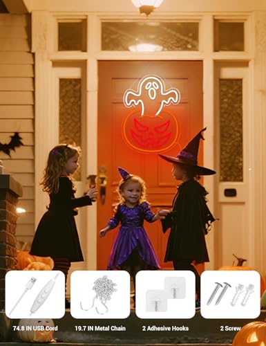 Ghost Pumpkin Halloween Neon Window Lights - Indoor Wall Decor, LED Sign, Party Decoration