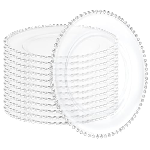 12 Pack Clear Plastic Charger Plates with Silver Beaded Rim - 13 Inch