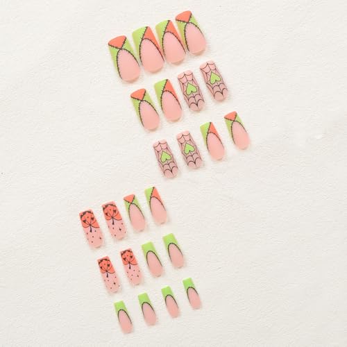 Halloween French Tip Press On Nails - Pumpkin Square Shape Fake Nails w4