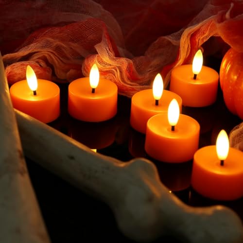 QIDEA Halloween Orange LED Tea Lights for Pumpkin & Holiday Decor - 12 Sets