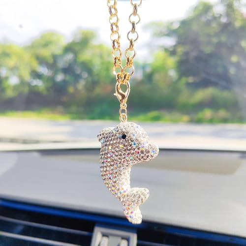 White Bling Dolphin Rear View Mirror Charm - Sparkling Rhinestones Car Decor