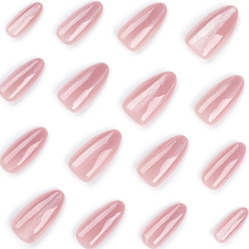 Nude Pink Almond Press On Nails - Glitter Design, Full Cover, 24 Pcs