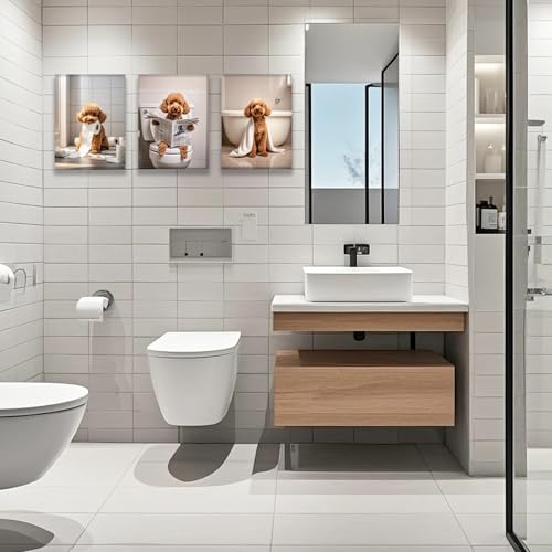 Framed 12x16 Inch Canvas Wall Art Set - Funny Bathroom Dog Decor - 3 Pack