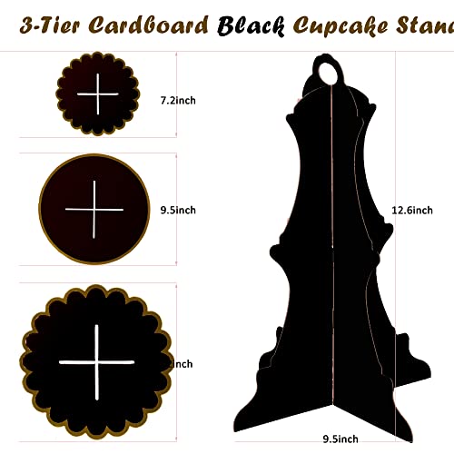Black Gold 3-Tier Cardboard Cupcake Stand - Disposable Dessert Tower Set of 2