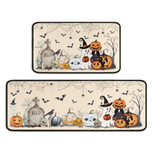 Beige 2-Piece Halloween Kitchen Rugs Set - Bat & Pumpkin Non-Slip Washable Floor Mats