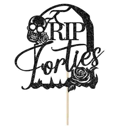 Rip Forties Cake Topper - Black Glitter Rip to My 40s Birthday Decorations