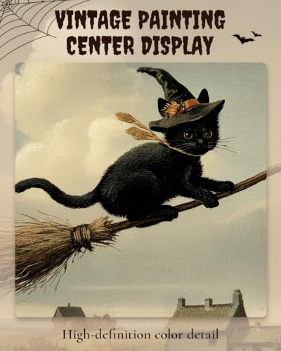 Black Cat Halloween Wall Art - Framed Canvas Print 16x12 Broomstick Variation
