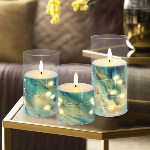 Blue Marble Flickering Flameless Candles with Star String Lights - Battery Operated, Remote Control, 3 Pack