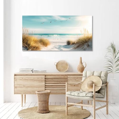 Large Beach Reeds Canvas Wall Art - Ocean Seascape Painting for Living Room & Bedroom - 24x48 Inches - Coastal Decor