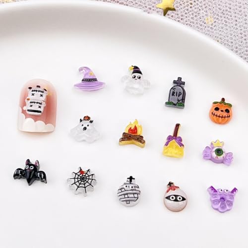Halloween Nail Art Charms Set - 100pcs 3D Pumpkin, Ghost, Broom & Web Shapes - Variation Halloween-5