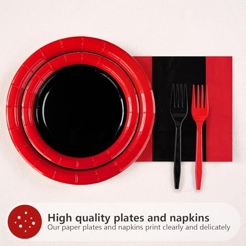 Black and Red Birthday Party Supplies Set for 50 Guests - Includes Plates, Napkins & Cutlery - Variation: 200pcs Black and Red Plates