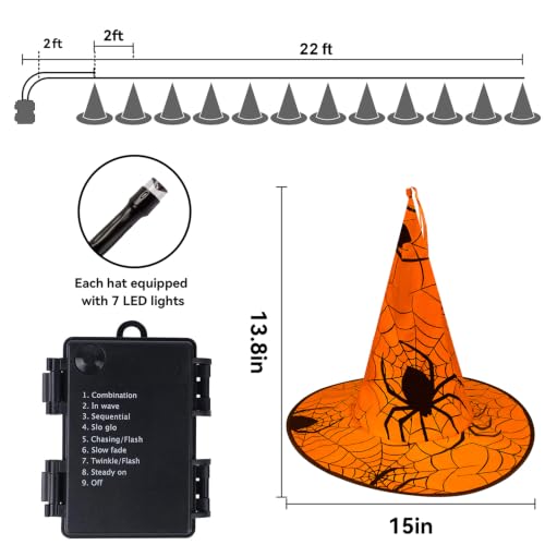 12 Pcs Lighted Halloween Witch Hat Decorations with 8 Modes - Outdoor String Lights