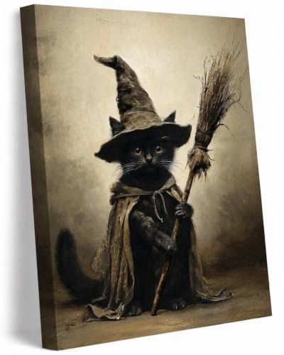 Wizard Black Cat Wall Art Canvas - Halloween Gothic Animal Decor 16x12in