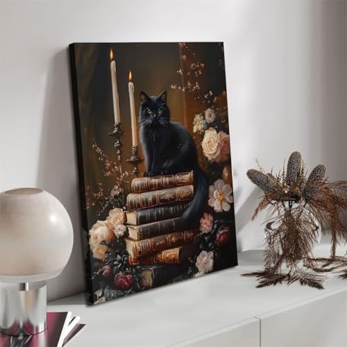 Dark Academia Wall Art Black Cat Vintage Book Floral Framed 16x12 inch