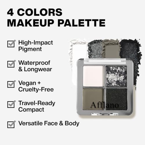 DE'LANCI Black Gray Smokey Eyeshadow Palette - 4 Colors, Matte & Glitter Finishes, Vegan & Waterproof